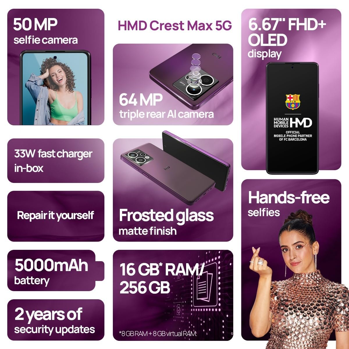 Smartphone HMD CREST MAX 5G TA-1641 DS | Segment 1st 50 MP Front Camera, Triple Rear AI Cam With 64 MP Primary Sony Sensor, FHD+ OLED Display, 8GB RAM & 256GB Storage, Android 14, 33W Fast Charger in Box, Deep Purple