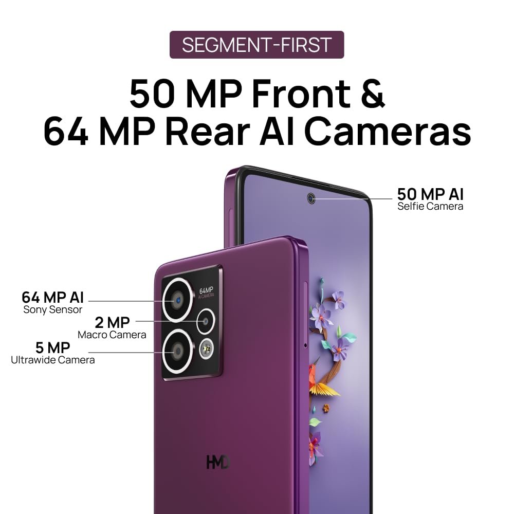 Smartphone HMD CREST MAX 5G TA-1641 DS | Segment 1st 50 MP Front Camera, Triple Rear AI Cam With 64 MP Primary Sony Sensor, FHD+ OLED Display, 8GB RAM & 256GB Storage, Android 14, 33W Fast Charger in Box, Deep Purple
