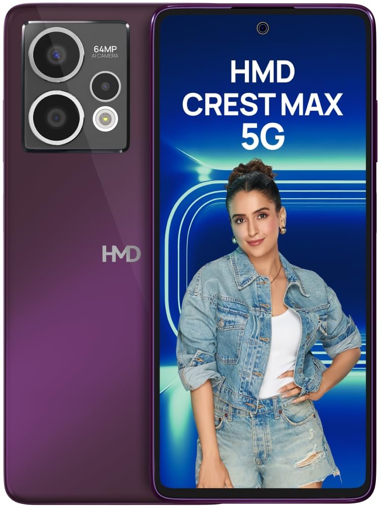 Smartphone HMD CREST MAX 5G TA-1641 DS | Segment 1st 50 MP Front Camera, Triple Rear AI Cam With 64 MP Primary Sony Sensor, FHD+ OLED Display, 8GB RAM & 256GB Storage, Android 14, 33W Fast Charger in Box, Deep Purple