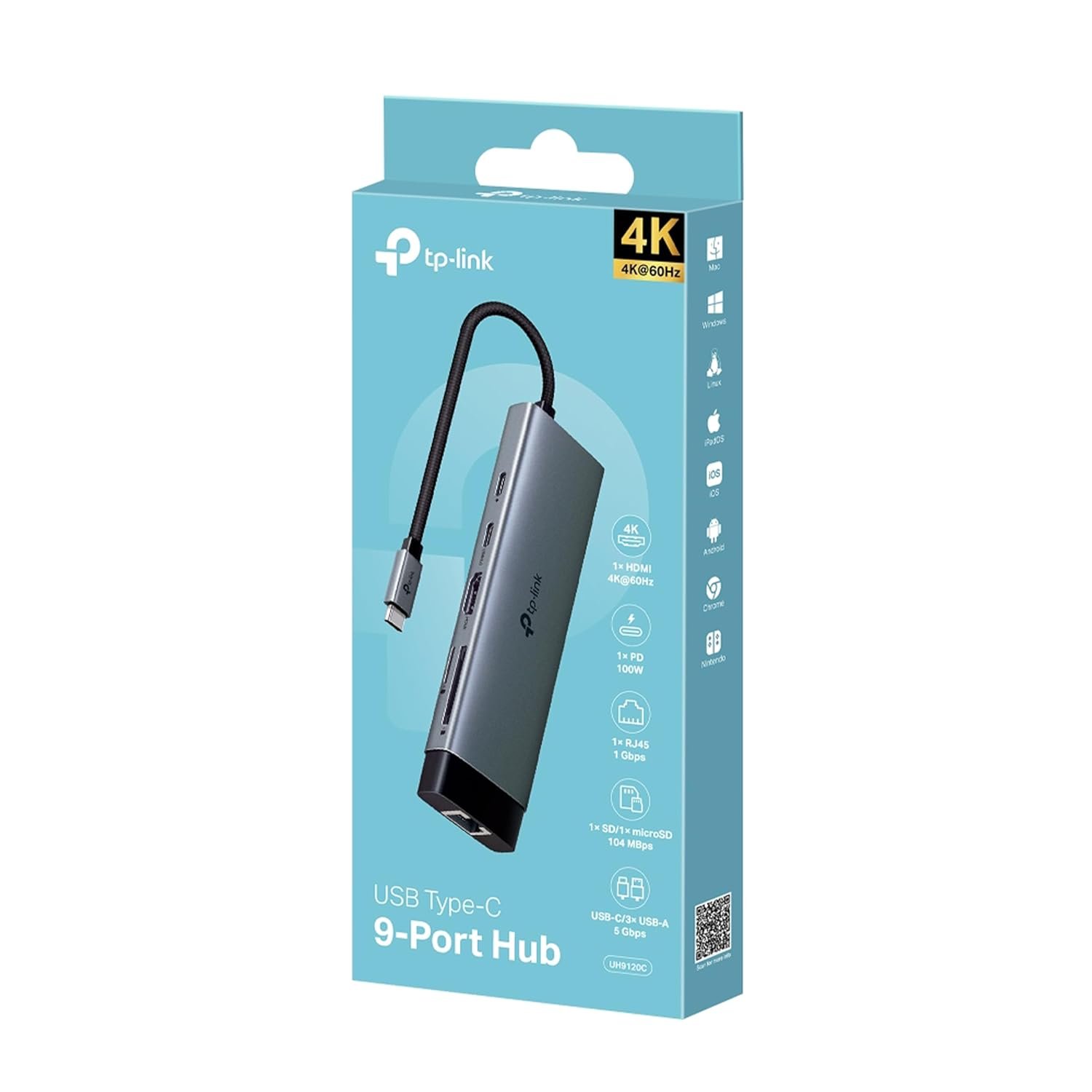 Hub TP-Link UH9120C | USB Type-C 9 in 1 Hub, Multiport USB-C Adapter Dongle Docking Station, 4K 60Hz HDMI, 1Gbps Ethernet, SD & MicroSD UHS-I, 3× USB-A Data Ports, 100W Fast Charging, 5 Gbps Data Transfer, Durable Design, Braided Cable, Plug & Play, Grey