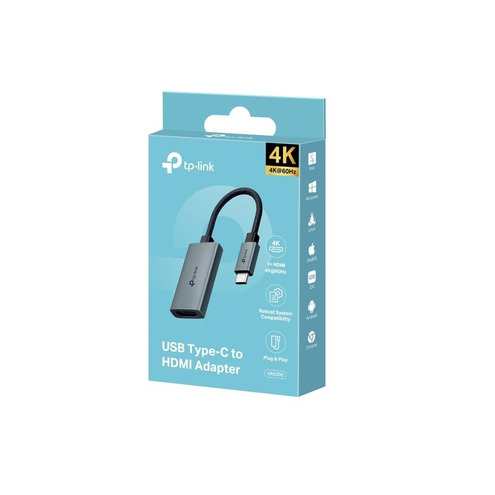 Adapter TP-Link UA520C | USB Type-C To HDMI Adapter, 4K@60Hz Ultra HD Output, DP Alt Mode, Braided 100mm Cable, Aluminum Alloy Build, Plug & Play, Portable & Compact Design, Ideal For Laptops, Tablets, Smartphones, Black