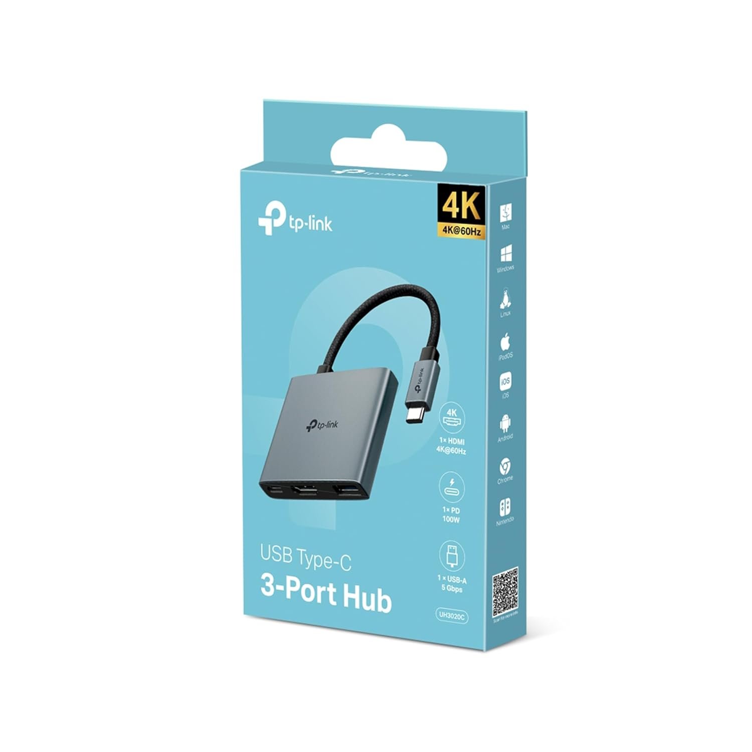 Cable Hub TP-Link UH3020C | USB Type-C 3 in 1 Hub, USB 3.0, 5Gbps Data Transfer, USB A, HDMI 4K@60Hz, 100W PD 3.0 Fast Charging, Expand Connections, Self-Storage, Braided Cable, Plug & Play, Easy To Use, Black