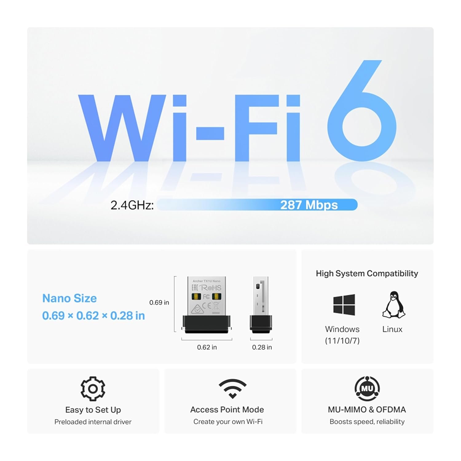 Adapter TP-Link Archer TX1U Nano | AX300 Nano Wi-Fi 6 Wireless USB Adapter, 287 Mbps, MU-MIMO & OFDMA Support, Access Point Mode, Easy Setup, Supports Windows 11/10/7 and Linux, Lightning Speed, Compact & Portable, Black