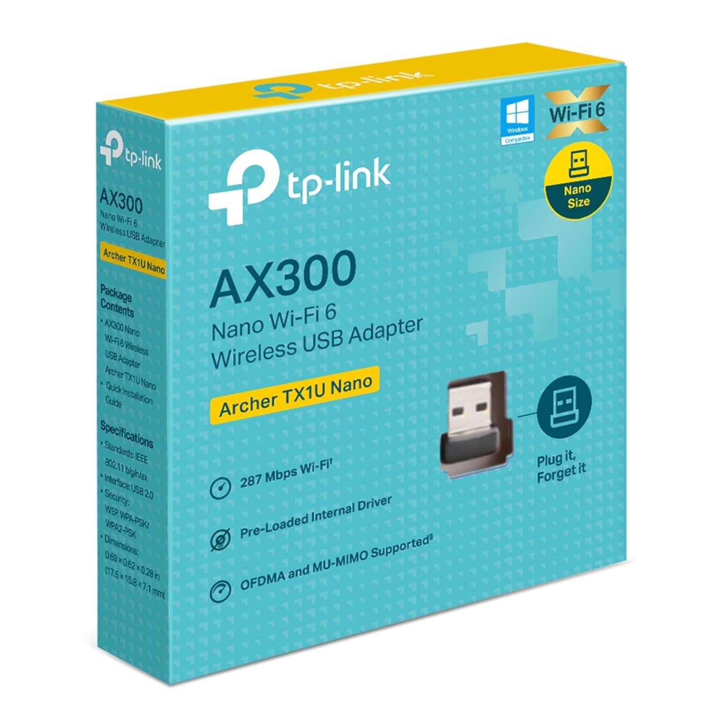 Adapter TP-Link Archer TX1U Nano | AX300 Nano Wi-Fi 6 Wireless USB Adapter, 287 Mbps, MU-MIMO & OFDMA Support, Access Point Mode, Easy Setup, Supports Windows 11/10/7 and Linux, Lightning Speed, Compact & Portable, Black