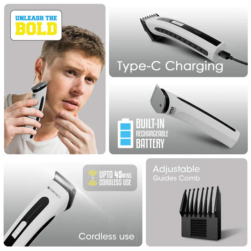 Cordless Hair Trimmer Zebronics ZEB-HT51 | Stainless Steel Blade, Up to 45 mins Backup, 3 in 1 Guide Comb, Washable attachments, LED indicator and Built in Rechargeable Battery