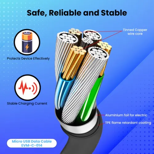 Cable EVM Micro USB Charge & Sync Cable PVC 1mtr 3Amp EVM-C-014 | High Speed, Sturdy & Durable, Tangle Free, Temperature Protection, Compatible With All Multiple Devices, Black