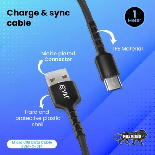 Cable EVM Micro USB Charge & Sync Cable PVC 1mtr 3Amp EVM-C-014 | High Speed, Sturdy & Durable, Tangle Free, Temperature Protection, Compatible With All Multiple Devices, Black
