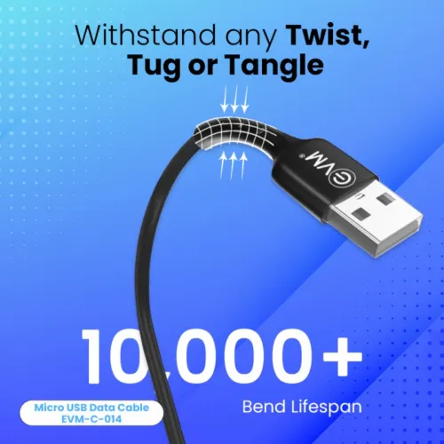 Cable EVM Micro USB Charge & Sync Cable PVC 1mtr 3Amp EVM-C-014 | High Speed, Sturdy & Durable, Tangle Free, Temperature Protection, Compatible With All Multiple Devices, Black