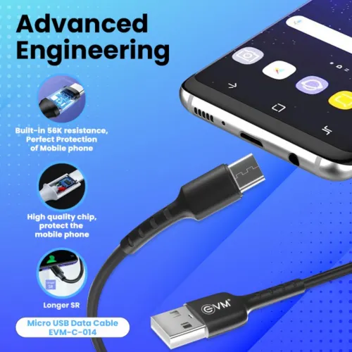 Cable EVM Micro USB Charge & Sync Cable PVC 1mtr 3Amp EVM-C-014 | High Speed, Sturdy & Durable, Tangle Free, Temperature Protection, Compatible With All Multiple Devices, Black