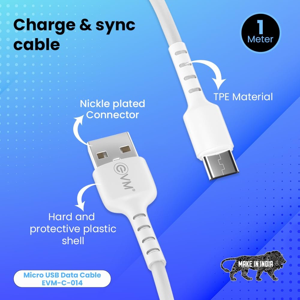 Cable EVM Micro USB Charge & Sync Cable PVC 1mtr 3Amp EVM-C-014 | High Speed, Sturdy & Durable, Tangle Free, Temperature Protection, Compatible With All Multiple Devices, White