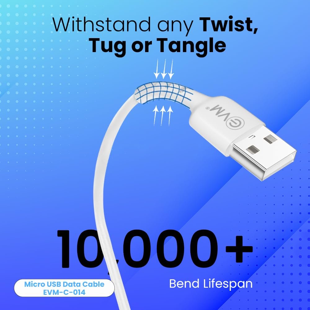 Cable EVM Micro USB Charge & Sync Cable PVC 1mtr 3Amp EVM-C-014 | High Speed, Sturdy & Durable, Tangle Free, Temperature Protection, Compatible With All Multiple Devices, White
