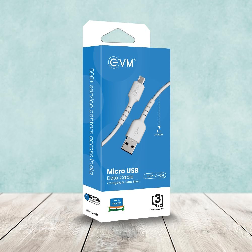 Cable EVM Micro USB Charge & Sync Cable PVC 1mtr 3Amp EVM-C-014 | High Speed, Sturdy & Durable, Tangle Free, Temperature Protection, Compatible With All Multiple Devices, White