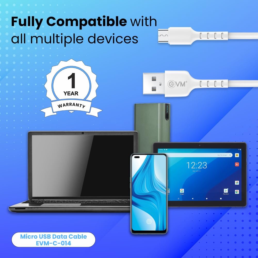 Cable EVM Micro USB Charge & Sync Cable PVC 1mtr 3Amp EVM-C-014 | High Speed, Sturdy & Durable, Tangle Free, Temperature Protection, Compatible With All Multiple Devices, White