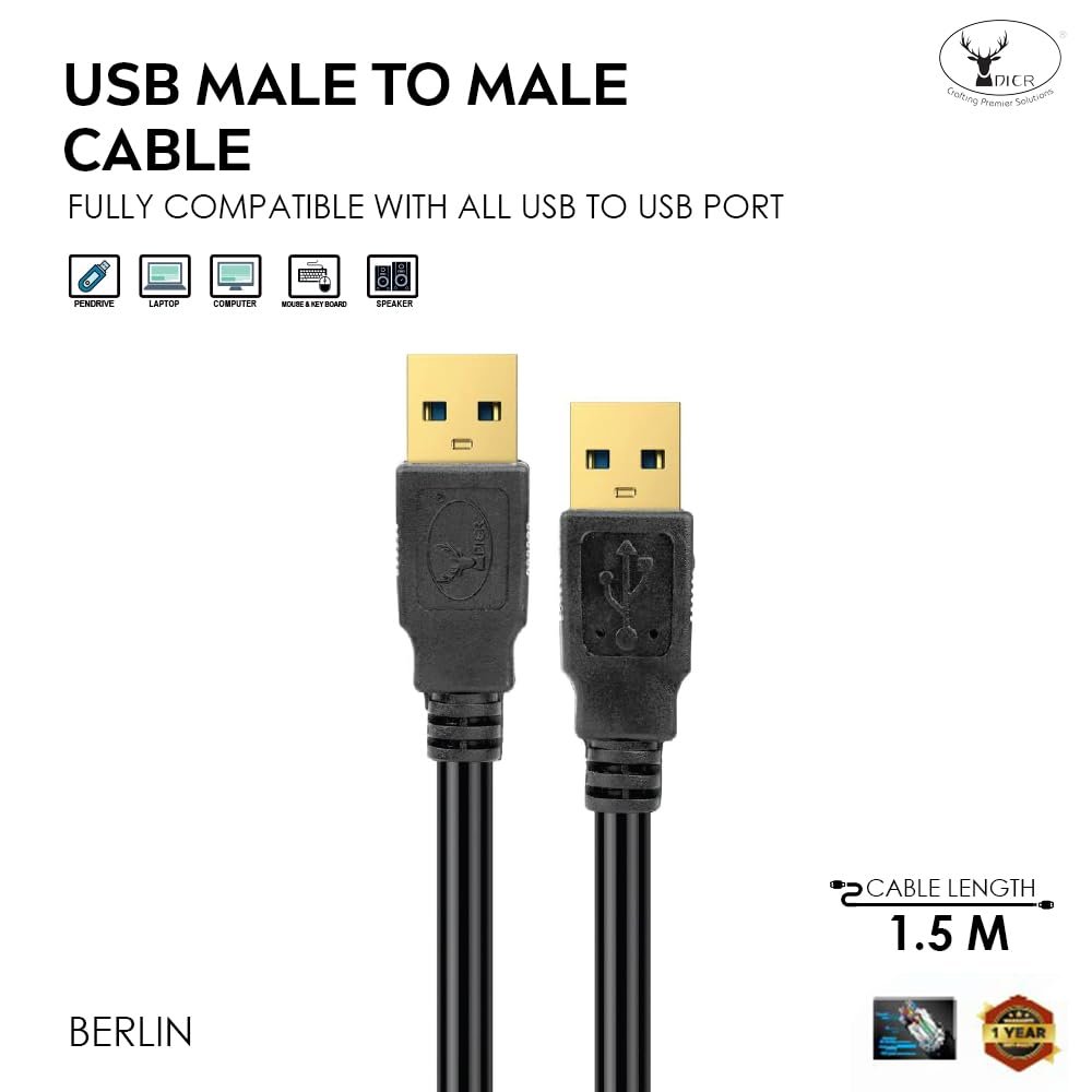 Cable Dier Berlin USB 2.0 Male To Male 1.5M | Gold Plated Connectors, Fully Compatible With All USB B Port Scanner or Printer, 1 Year Warranty, Black