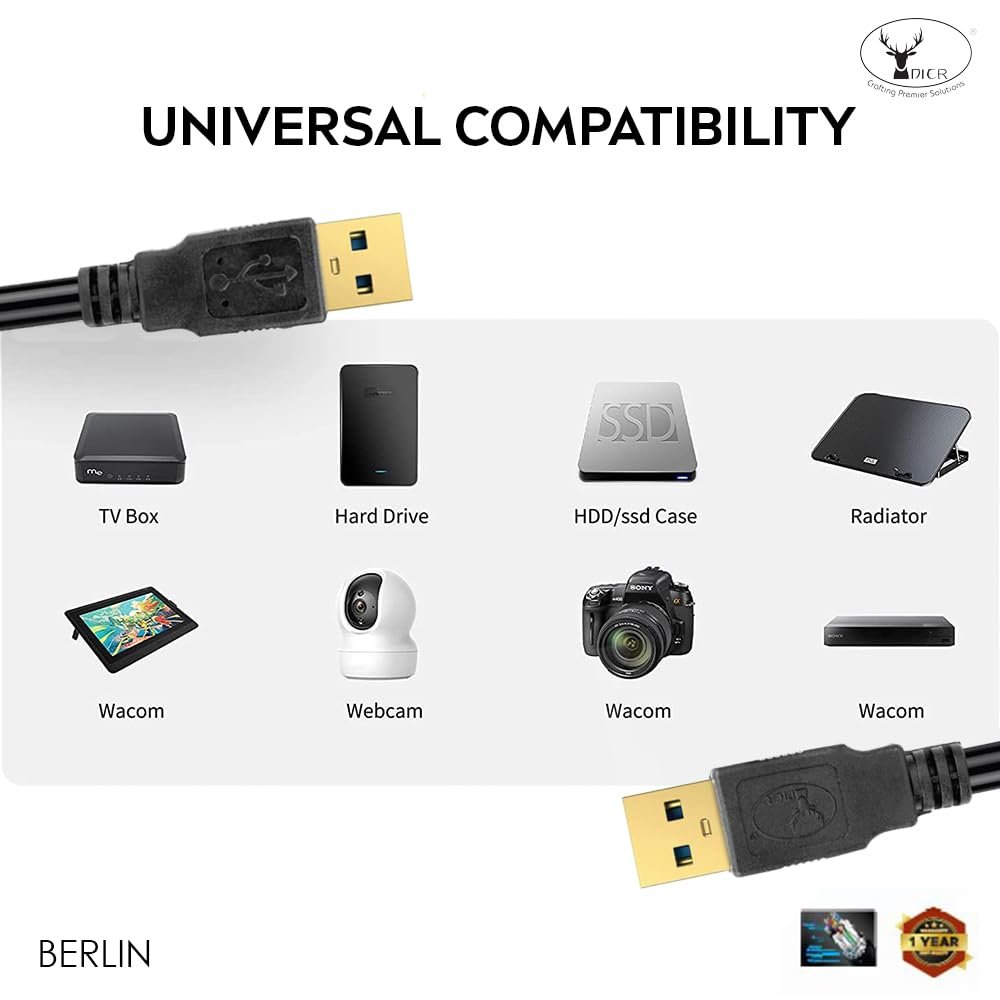 Cable Dier Berlin USB 2.0 Male To Male 1.5M | Gold Plated Connectors, Fully Compatible With All USB B Port Scanner or Printer, 1 Year Warranty, Black