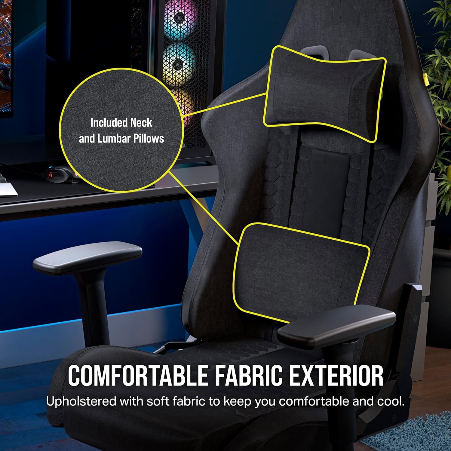 Gaming Chair Corsair TC100 CF-9010052-WW | Relaxed Gaming Chair, Fabric, Grey and Black, Racing-Inspired Design, Lumbar Pillow, Detachable Memory Foam Neck Pillow, Adjustable Armrests, Colour:- Black / Grey
