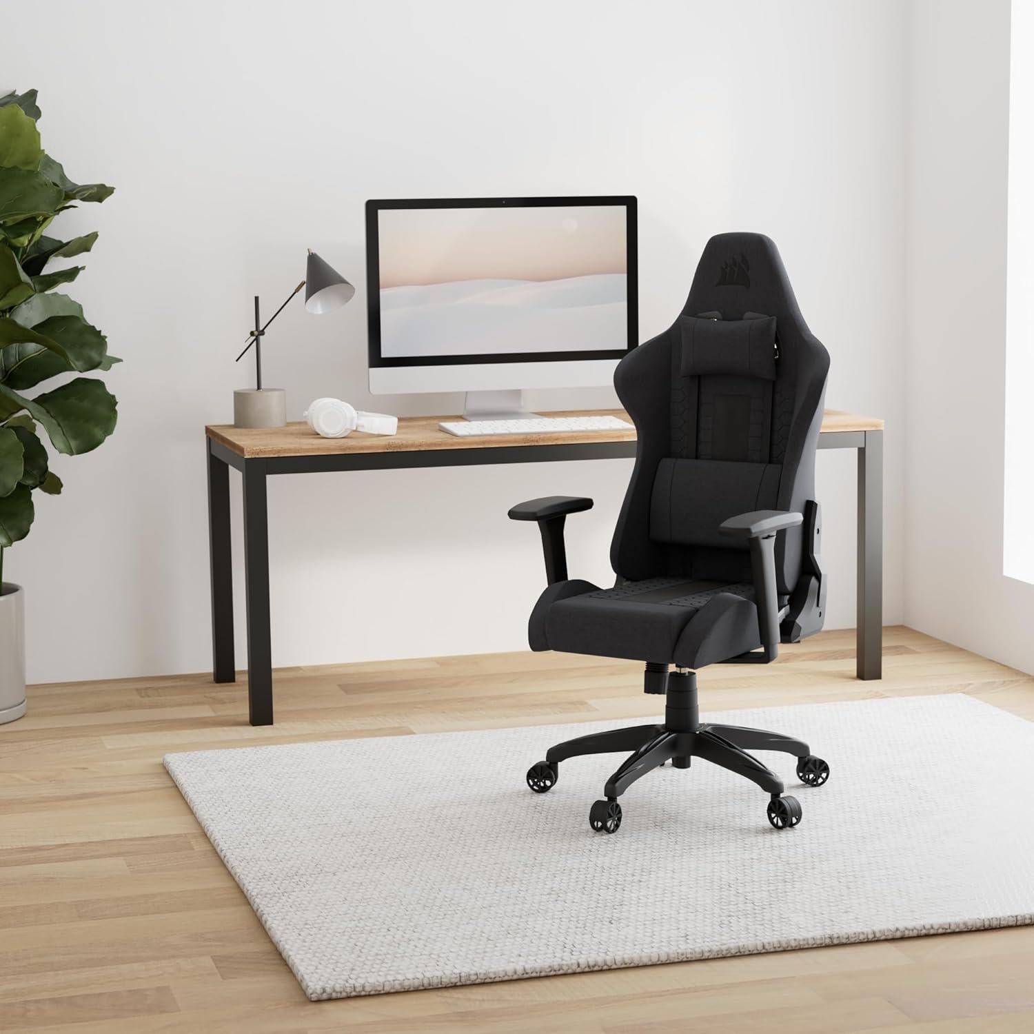 Gaming Chair Corsair TC100 CF-9010052-WW | Relaxed Gaming Chair, Fabric, Grey and Black, Racing-Inspired Design, Lumbar Pillow, Detachable Memory Foam Neck Pillow, Adjustable Armrests, Colour:- Black / Grey