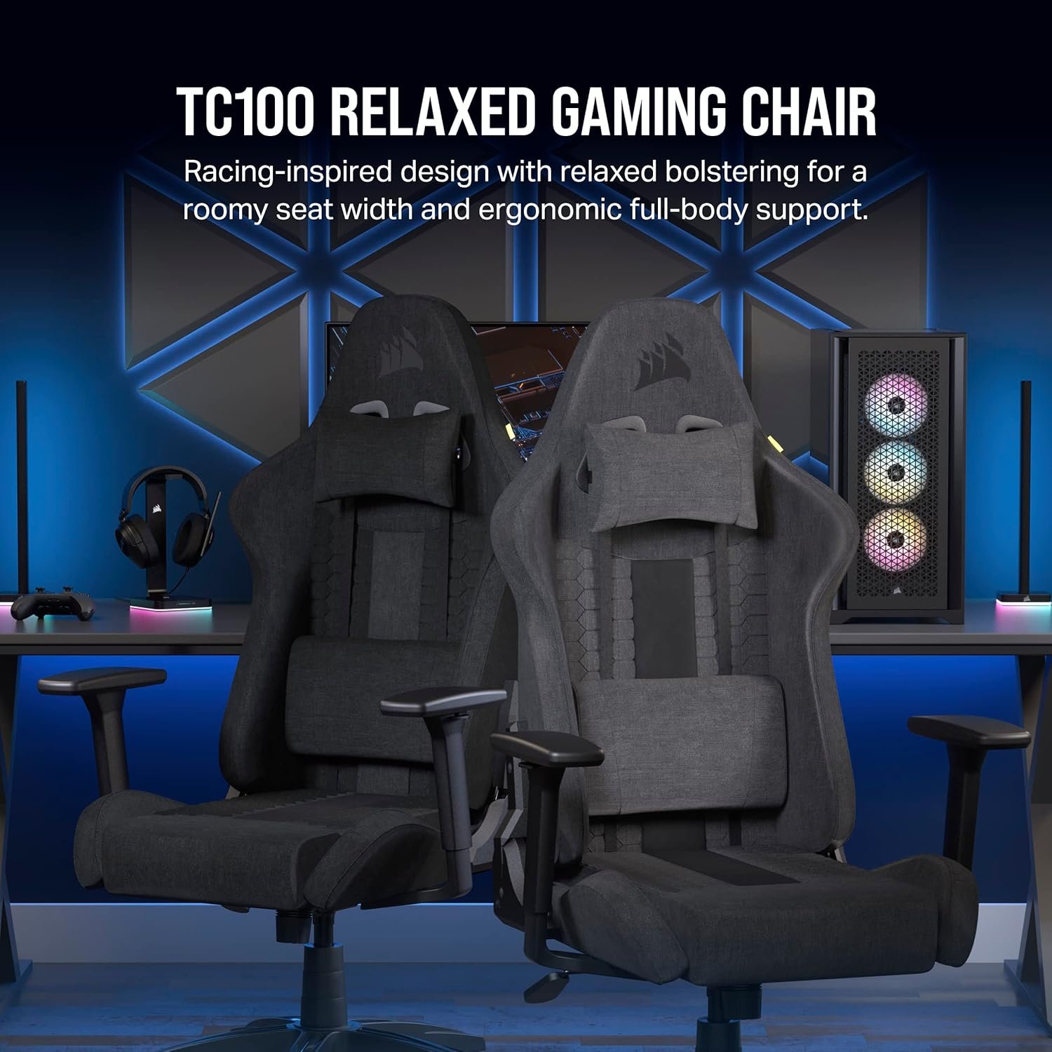 Gaming Chair Corsair TC100 CF-9010052-WW | Relaxed Gaming Chair, Fabric, Grey and Black, Racing-Inspired Design, Lumbar Pillow, Detachable Memory Foam Neck Pillow, Adjustable Armrests, Colour:- Black / Grey