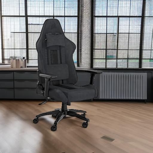 Gaming Chair Corsair TC100 CF-9010052-WW | Relaxed Gaming Chair, Fabric, Grey and Black, Racing-Inspired Design, Lumbar Pillow, Detachable Memory Foam Neck Pillow, Adjustable Armrests, Colour:- Black / Grey