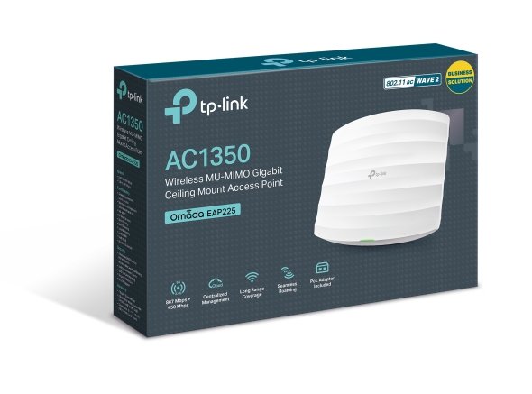 Net TP-Link Omada AC1350 Wireless MU-MIMO Gigabit Ceiling Mount Access Point EAP225 | Support PoE 802.3af/at, Dual_Band, 2.4GHz 5G, Seamless Roaming, Centralized Management, Long Range Coverage, Easily Mount to Wall or Ceiling, PoE Adapter Included, White