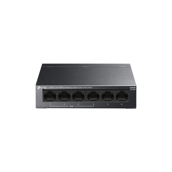 Switch TP-Link LS106P | 6-Port 10/100Mbps Desktop Switch With 4-Port PoE+, 65 W PoE Budget, Long- Range PoE +, Traffic Separation, PoE Auto Recovery, Silent Operation, Durable Metal Casing, Wall Mounting, Plug & Play, Black