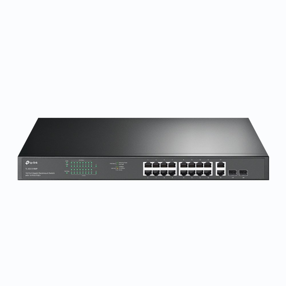 Switch TP-Link 18-Port Gigabit Easy Smart Switch with 16-Port PoE+TL-SG1218MPE | 250W PoE Power Budget, 2 Non-PoE Ports, 2 Combo SFP Slots, QoS, Vlan, IGMP & LAG, Grey