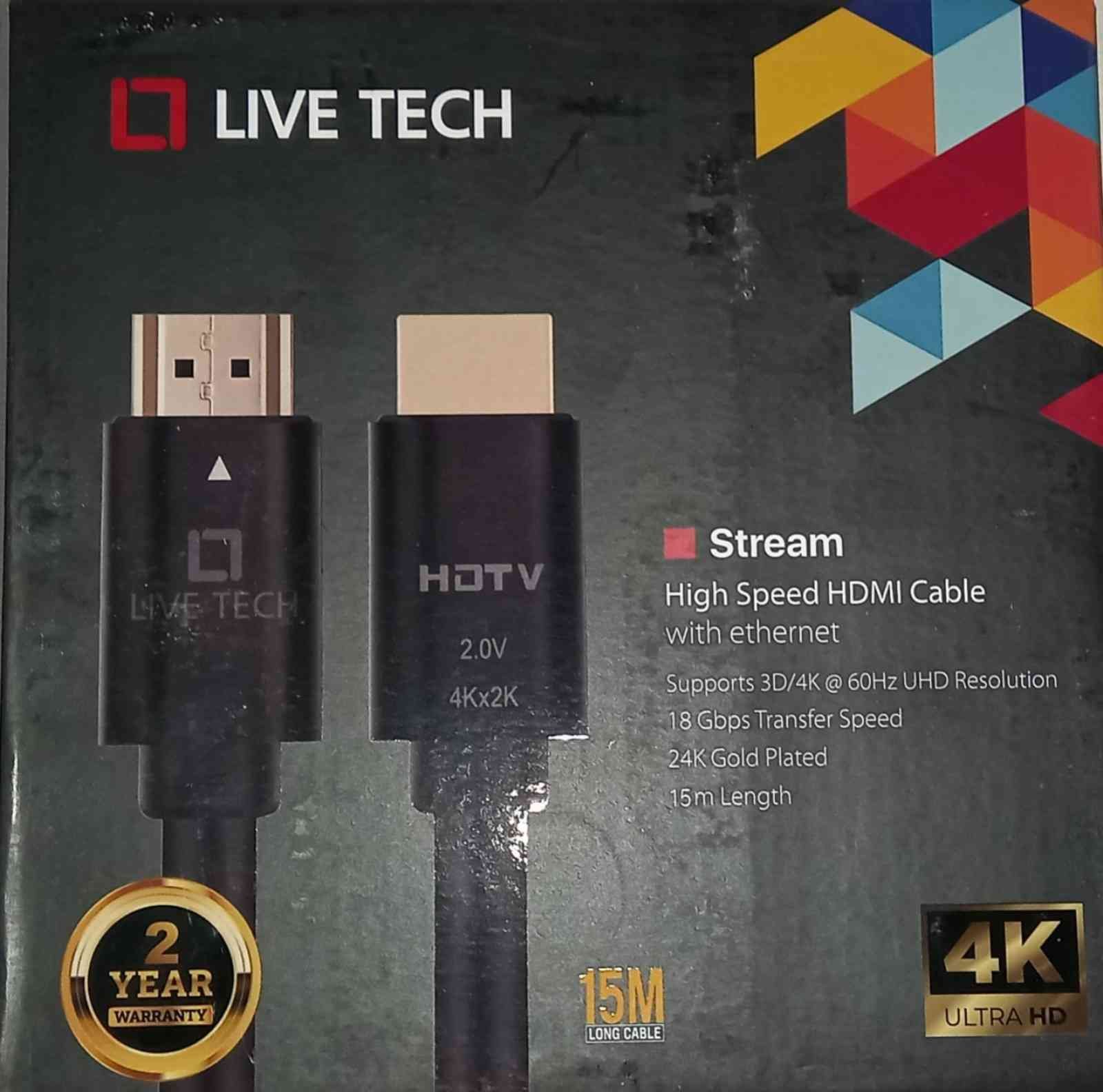 Cable Live Tech Stream HDMI to HDMI with Ethernet 4K 2.0V 15mtr | High Speed HDMI Cable with Ethernet, Supports 3D, 4K, PVC, Black