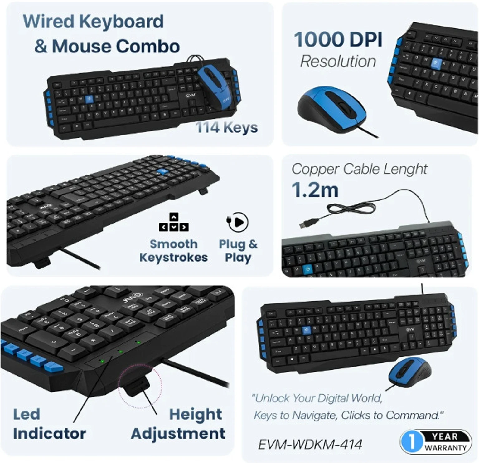 Keyboard & Mouse Combo EVM Wired WDKM414 | 104 Keys, Spill Resistant, Copper Wire, 1000 DPI Resolution, UV Paint Coated, USB Connectivity, 1.2m Cable Length, Smooth Keystrokes, Black