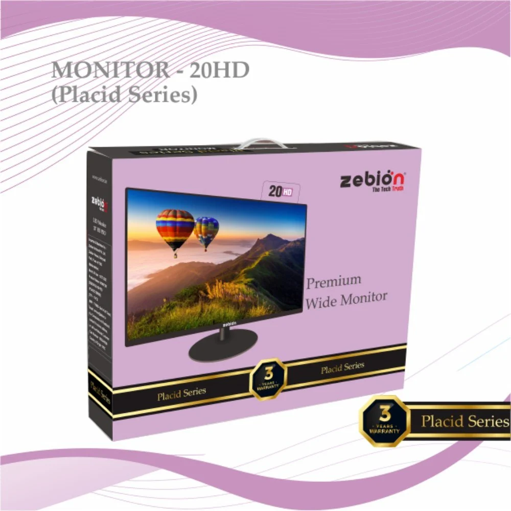Monitor Zebion 20" HD PRO (Placid Series) | 3 years warranty, LED, 5ms Fast Response Time, 17 Million Display Colors, 1600 x 900 Max Resolution, HDMI, VGA, 4 Wall Mount points