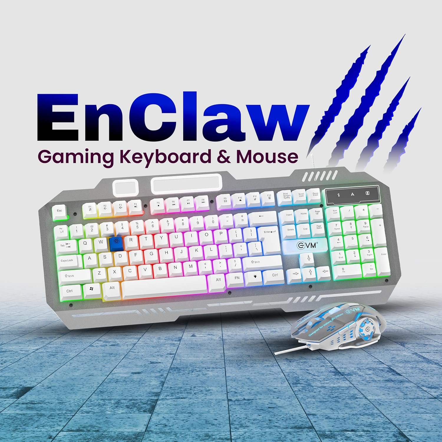 Keyboard & Mouse Combo EVM Gaming Wired EnClaw 9027 WDKM-612 | 104 Keys, Silver Metal Plate, Gold Plated USB, 1.5m Braided Cable, Backlight RGB Multil Color Led Modes, Silver + White