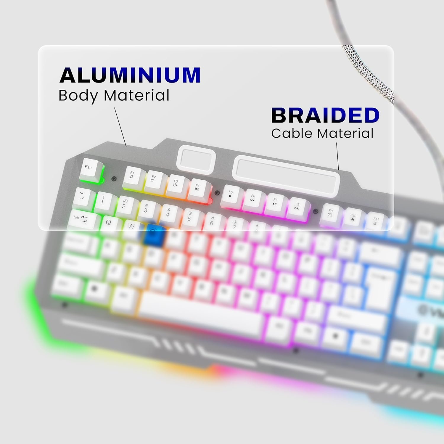 Keyboard & Mouse Combo EVM Gaming Wired EnClaw 9027 WDKM-612 | 104 Keys, Silver Metal Plate, Gold Plated USB, 1.5m Braided Cable, Backlight RGB Multil Color Led Modes, Silver + White