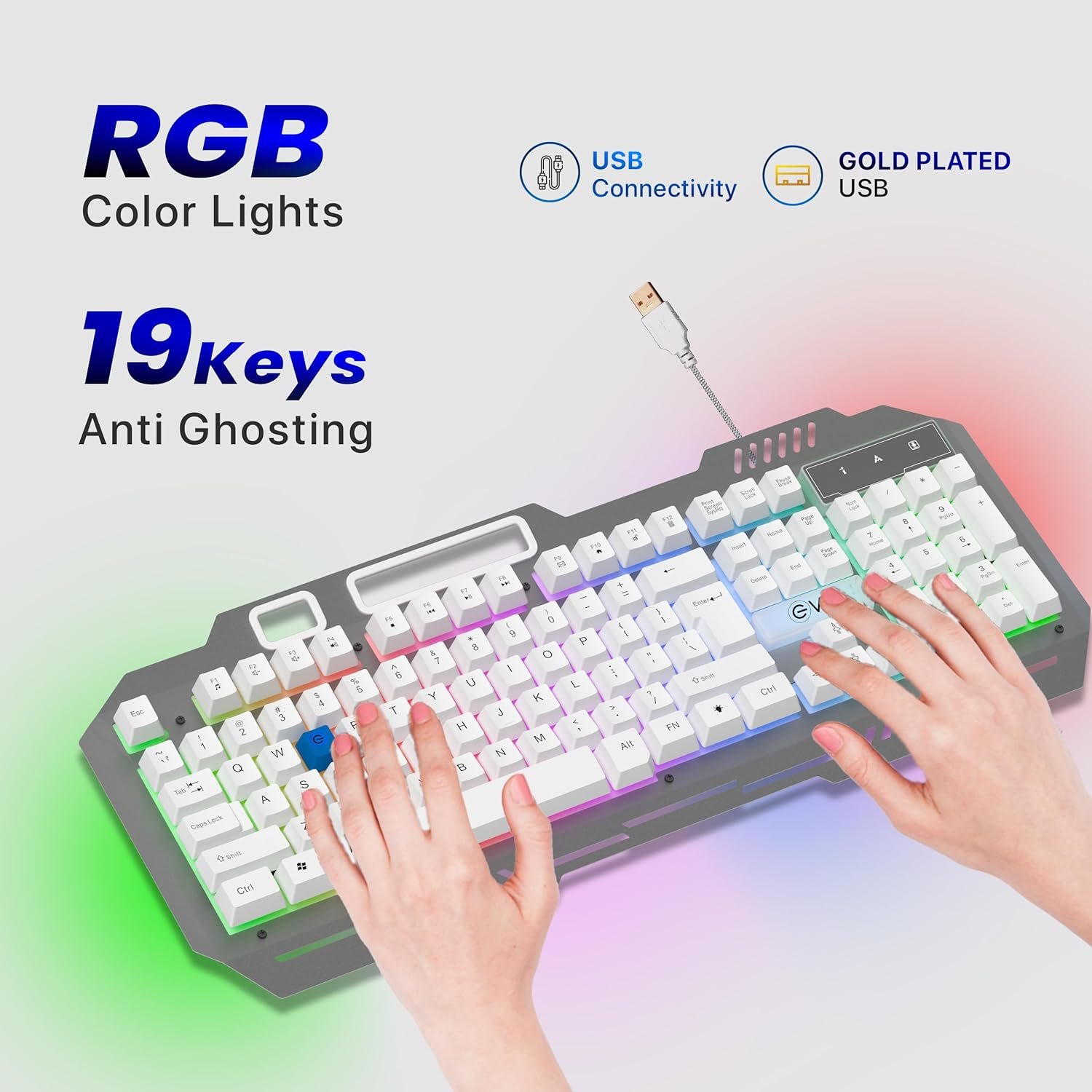 Keyboard & Mouse Combo EVM Gaming Wired EnClaw 9027 WDKM-612 | 104 Keys, Silver Metal Plate, Gold Plated USB, 1.5m Braided Cable, Backlight RGB Multil Color Led Modes, Silver + White