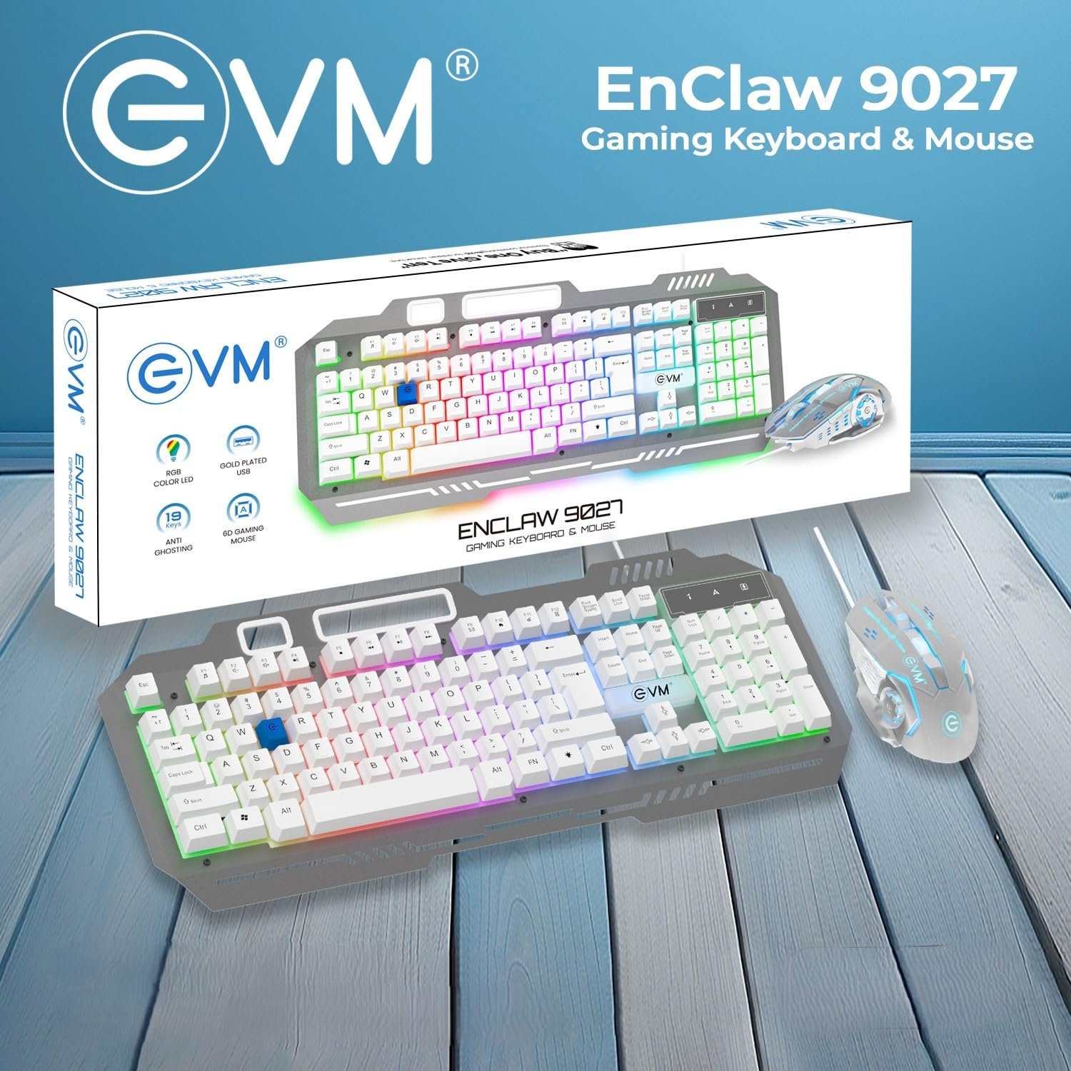 Keyboard & Mouse Combo EVM Gaming Wired EnClaw 9027 WDKM-612 | 104 Keys, Silver Metal Plate, Gold Plated USB, 1.5m Braided Cable, Backlight RGB Multil Color Led Modes, Silver + White