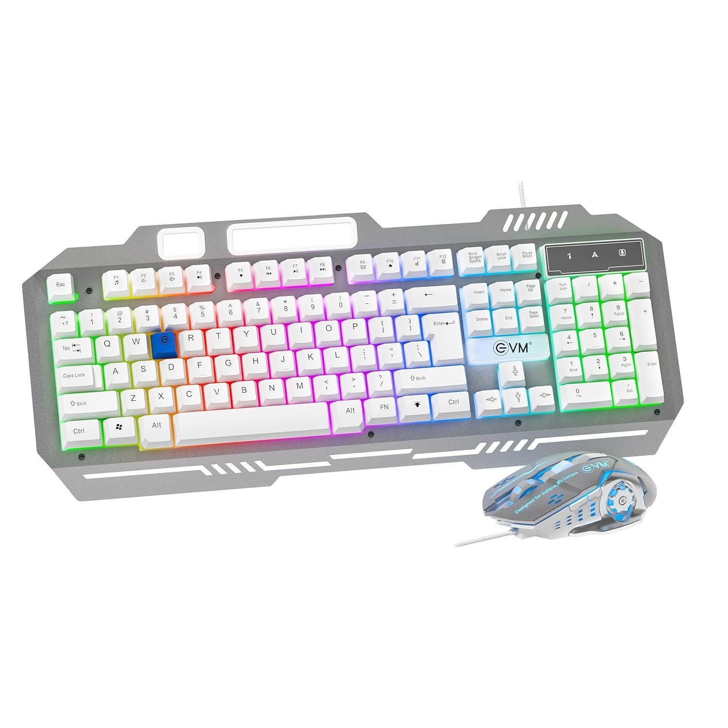 Keyboard & Mouse Combo EVM Gaming Wired EnClaw 9027 WDKM-612 | 104 Keys, Silver Metal Plate, Gold Plated USB, 1.5m Braided Cable, Backlight RGB Multil Color Led Modes, Silver + White