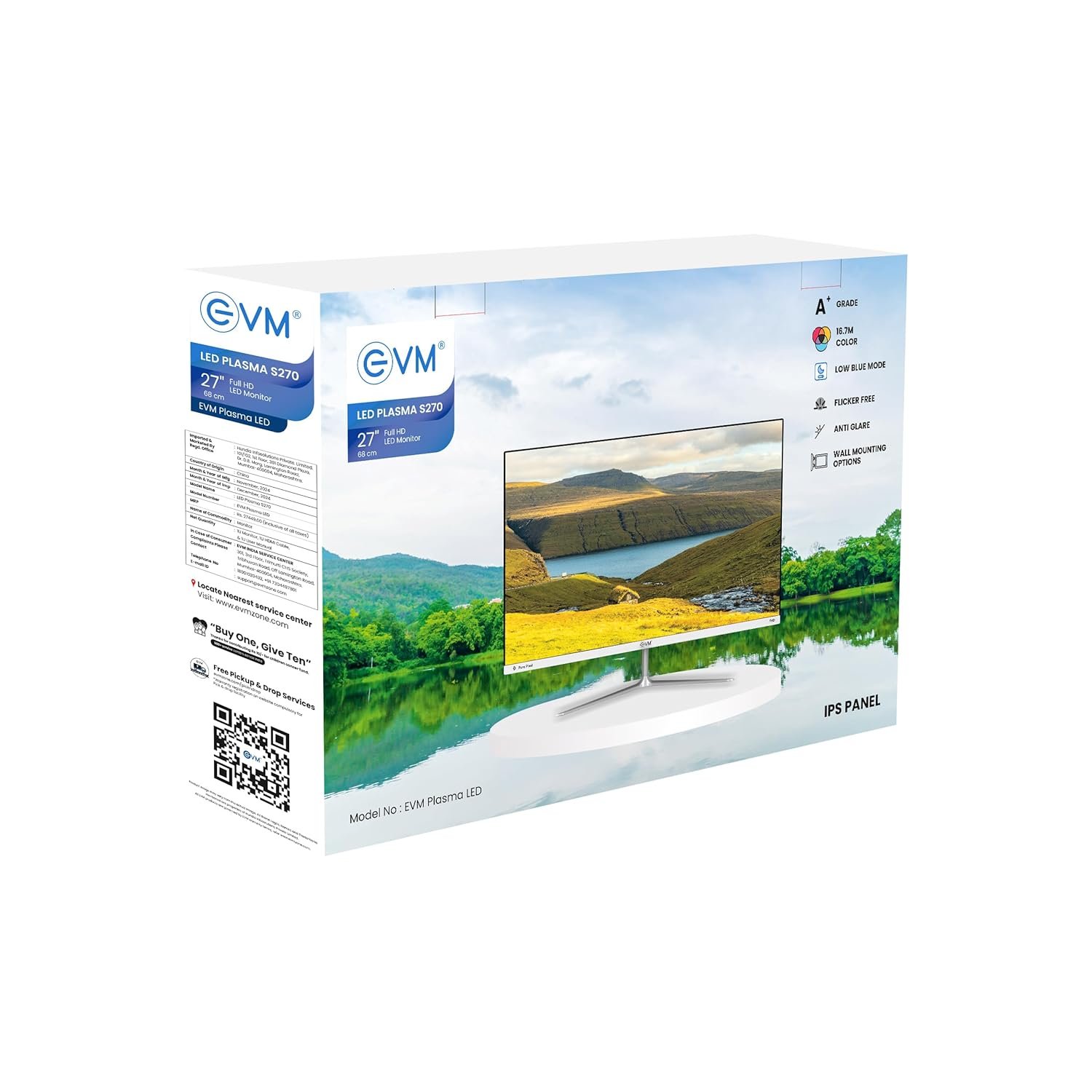 Monitor EVM PLASMA LED S270 | 27 Inch Flat LED Frameless FHD Monitor With Speaker, 100Hz Perfect Motion Rate, Digital Crystal, 16.7M Display Colors, Low Blue Mode, Anti Glare, Flicker Free, Bazelless, VGA, HDMI, DC Ports, IPS Panel, Wall Mountable, White