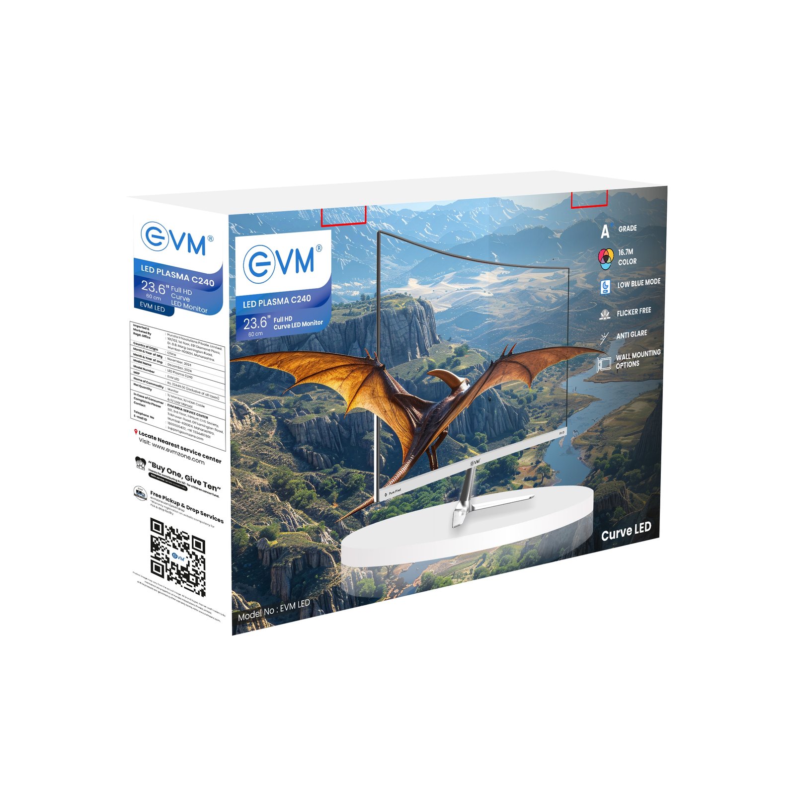 Monitor EVM PLASMA LED C240 | 23.6 Inch (60cm) Curve LED Frameless FHD Monitor With Speaker, 100Hz Perfect Motion Rate, Digital Crystal, 16.7M Display Colors, Low Blue Mode, Anti Glare, Flicker Free, Bazelless, VGA, HDMI, DC Ports, Wall Mountable, White