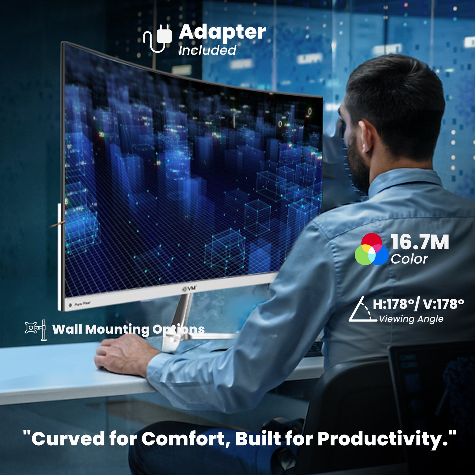 Monitor EVM PLASMA LED C240 | 23.6 Inch (60cm) Curve LED Frameless FHD Monitor With Speaker, 100Hz Perfect Motion Rate, Digital Crystal, 16.7M Display Colors, Low Blue Mode, Anti Glare, Flicker Free, Bazelless, VGA, HDMI, DC Ports, Wall Mountable, White