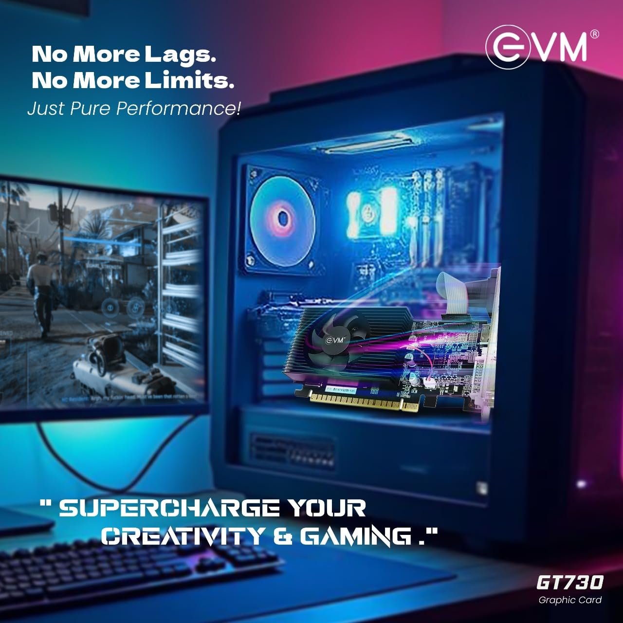 Graphics Card EVM GT730 | High Efficiency, Support PCIe 2.0, DDR3 4GB, VGA HDMI & DVI Port, Heat Sink With Fan, Optimised Heat Dispensation, Black