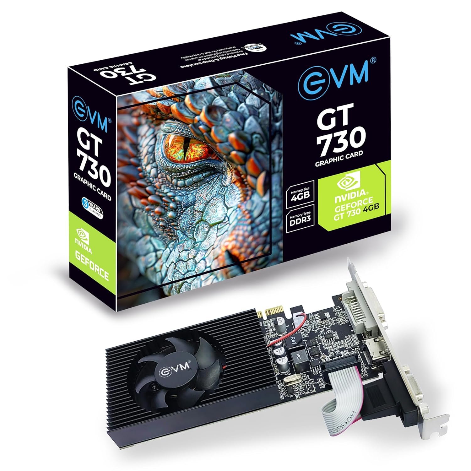 Graphics Card EVM GT730 | High Efficiency, Support PCIe 2.0, DDR3 4GB, VGA HDMI & DVI Port, Heat Sink With Fan, Optimised Heat Dispensation, Black