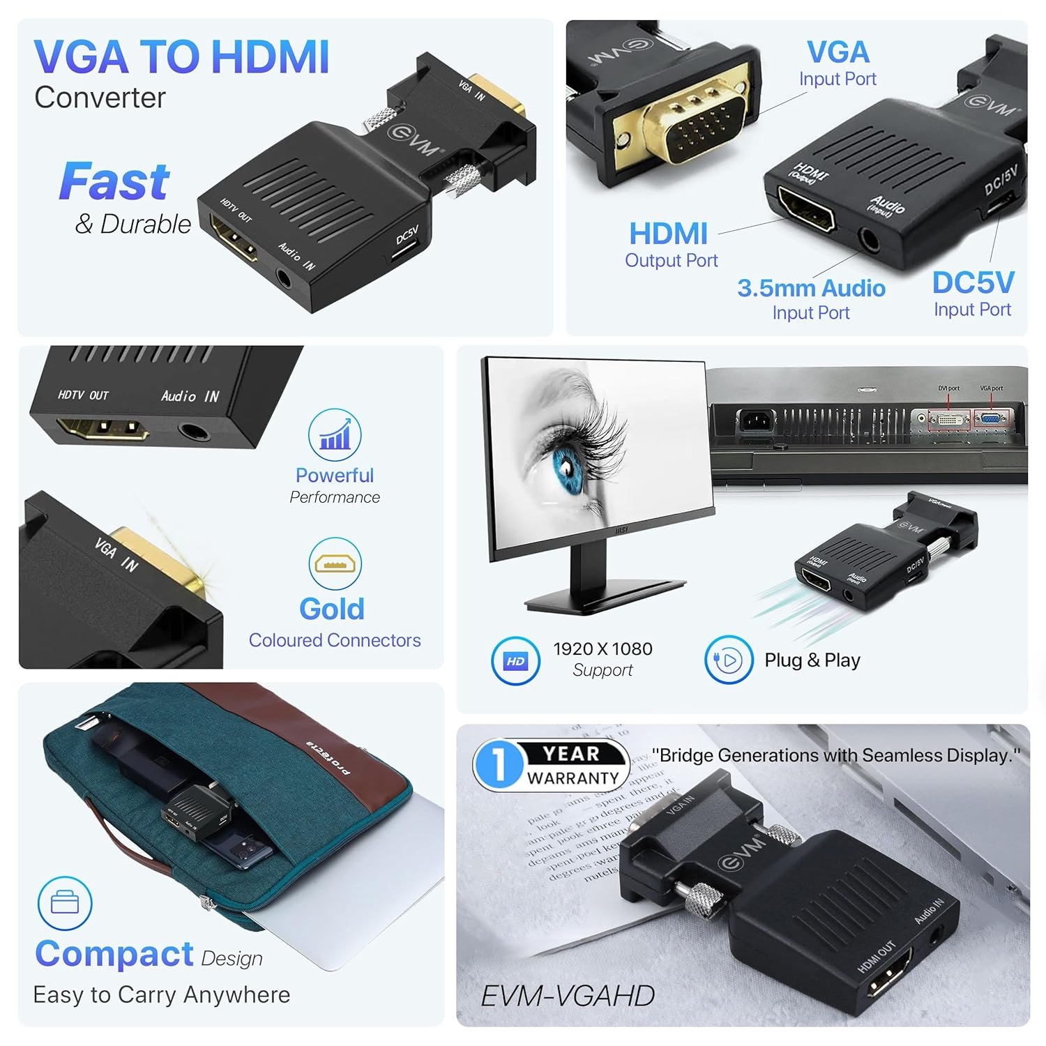 Converter EVM VGA To HDMI EVM-VGAHD | 1080P VGA Male to HDMI Female Adapter With 3.5mm Audio Jack