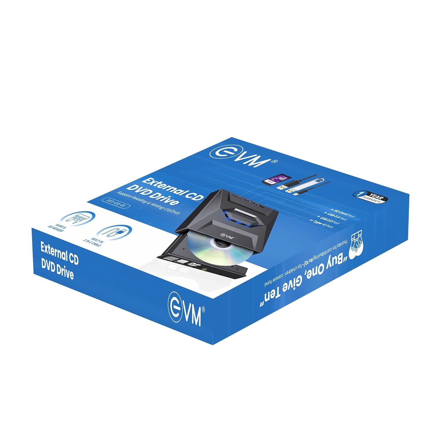 External CD/DVD Drive With HUB EVM EXT-CD-01 | Support Reading & Writing CD/DVD, Hubs & SD Reader, USB 3.0 & Type C, Built-in 2 in 1 Cable, Portable & Compact, For Laptop, Mac, Desktop, PC, Plug & Play, Black
