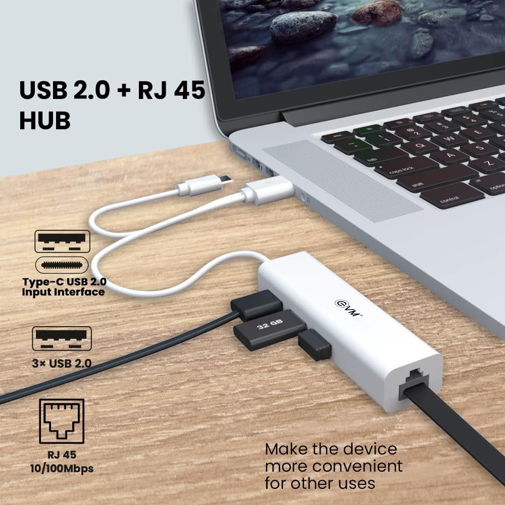 Hub EVM 2 IN 1 USB 2.0 HUB +RJ45 EVM H2 | High-Speed Ethernet Adapter & USB Hub Combo, Type C & USB 2.0 Input, 3x USB 2.0 Ports, 100 Mbps Ethernet Port, Compatibility with Tablet, Phone, White