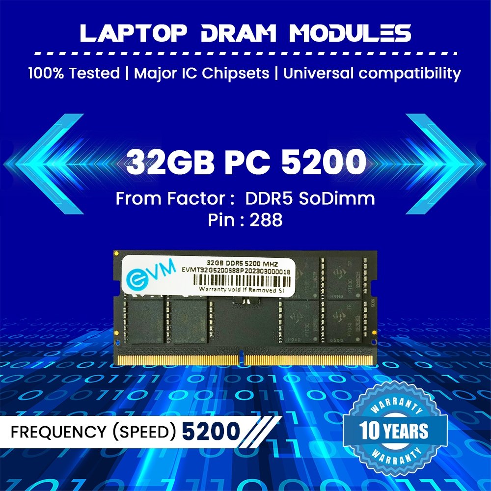RAM EVM 32GB DDR5 5200MHz SODIMM EVMT32G5200S86P | Laptop Ram, Boost Speed & Performance with Low Latency and Durable Design