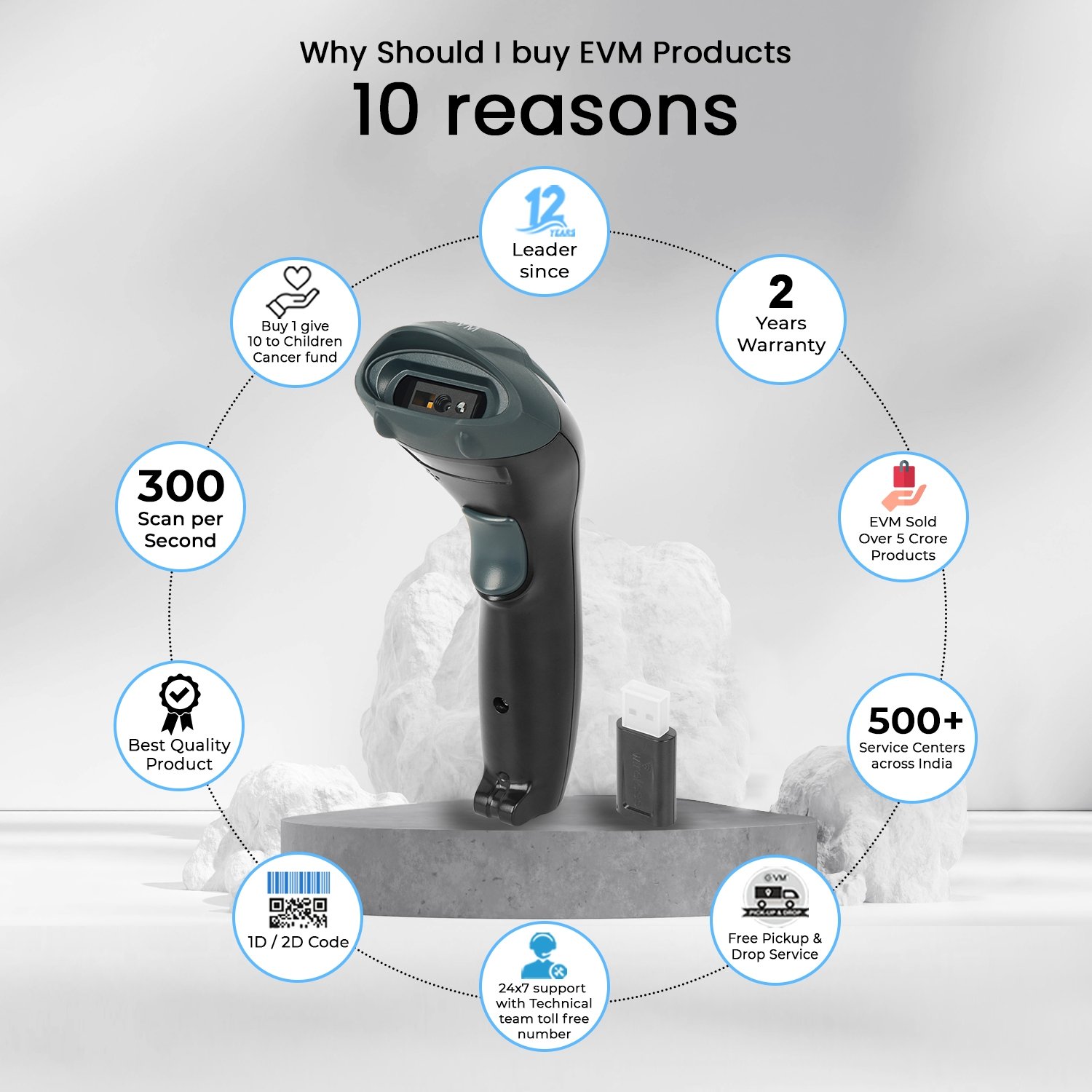 Scanner Barcode EVM 3in1 Wired / Wireless / Bluetooth 2D Code EWLS-126 | 300 scan per second, Type-C Charging Port, Bluetooth Connection, Wireless 2.4GHz, Laser aim, Upto 50mtrs Working Range Open Space