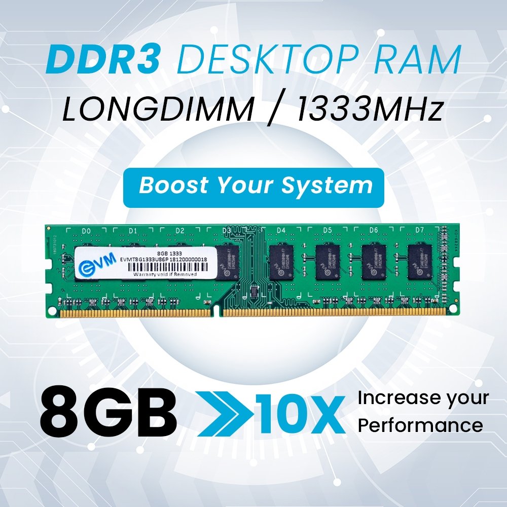 Ram EVM 8GB DDR3 1333 Desktop EVMT8G1333U86P | Long-DIMM Memory, Boost Computer Speed & Performance with Low Latency and Durable Design