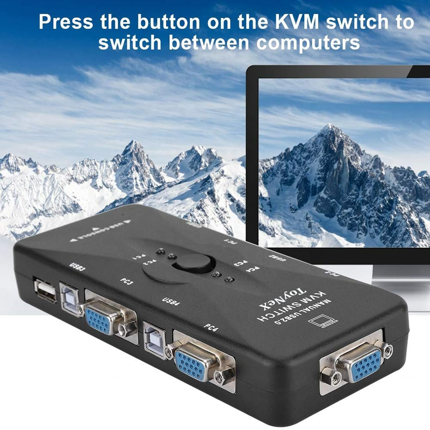KVM VGA Switch Box 4 Port USB 2.0 Plus Keyboard Video Mouse Switch Box, Control 4 PC from 1 USB Keyboard and Mouse, Also Supports four Printer Ports Media Streaming Device (Black)