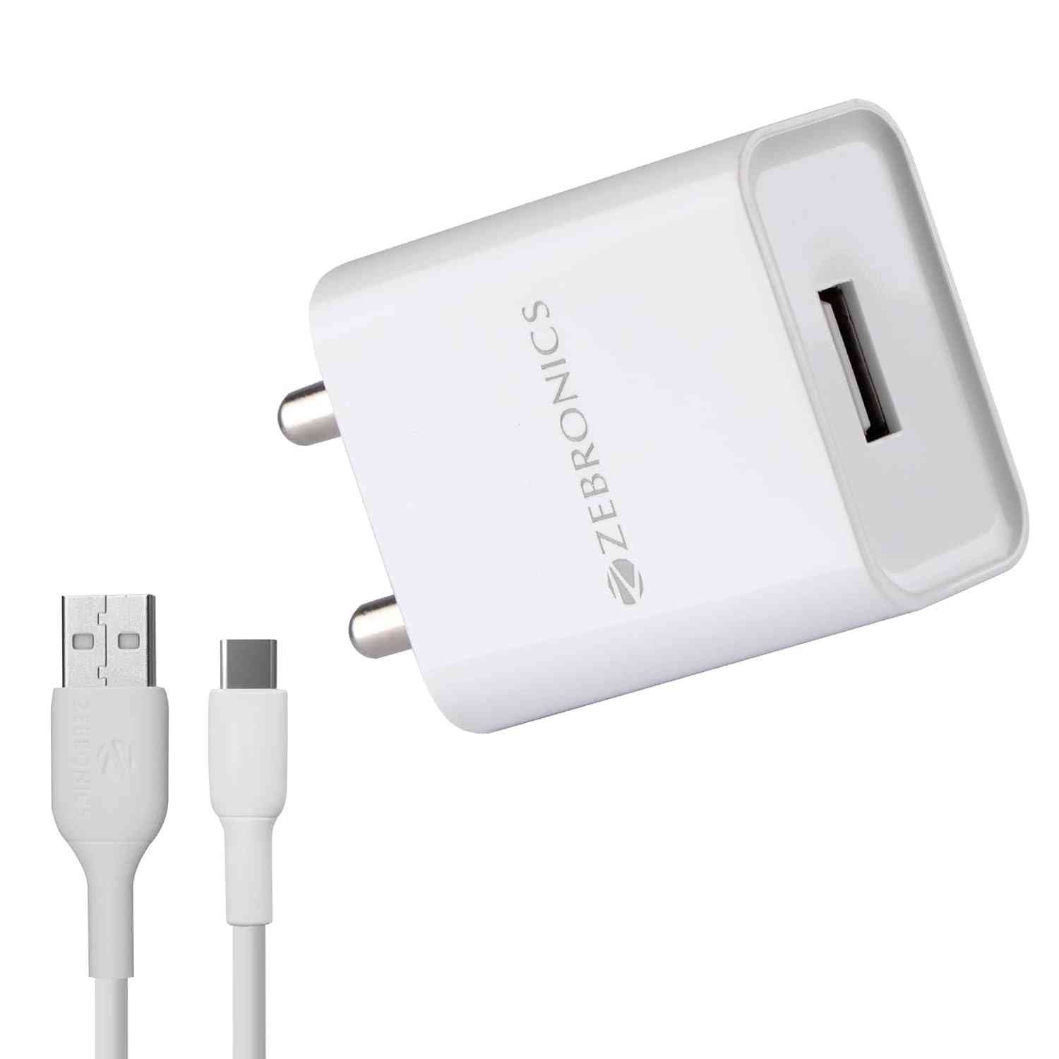 Adapter Zebronics ZEB-MA5212A | Mobile USB Adapter with 12 Watts, Wide Input Range, Built-in Protections, High Efficiency, Compact Design, Glossy Finish, Type-C Cable Included, White