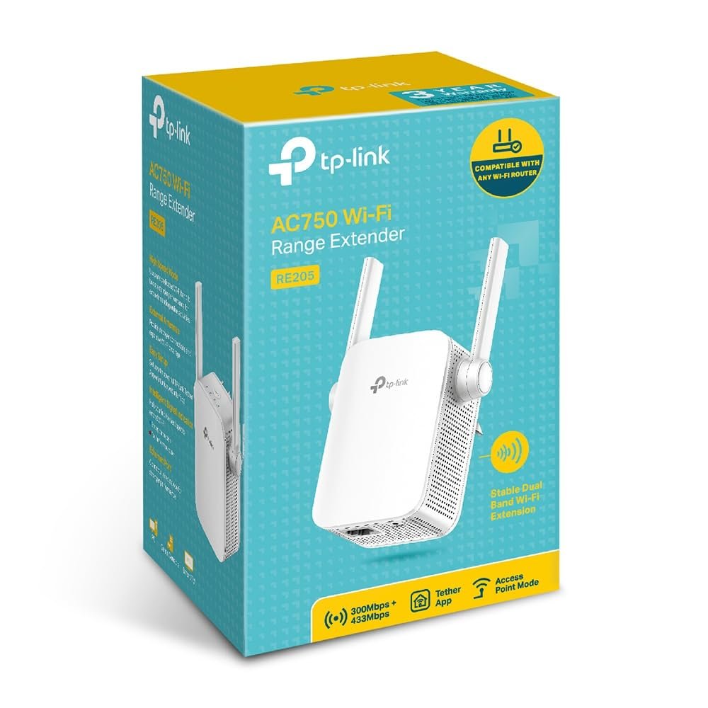 Range Extender TP-Link Archer RE205 | AC750 Universal Wireless Dual Band, Broadband / Wi-Fi Extender, WiFi Booster / Hotspot with Ethernet Port, 2 External Antennas, Plug and Play, Smart Signal Indicator, 750Mbps