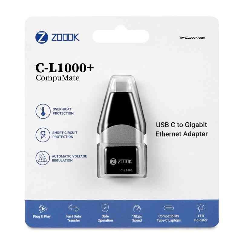 Adapter Zoook USB C hub to Gigabit Ethernet Network ZK-C-L1000-PLUS | RJ45 LAN Wired Adapter for Ultrabook, Chromebook, Laptop, Desktop, Plug & Play