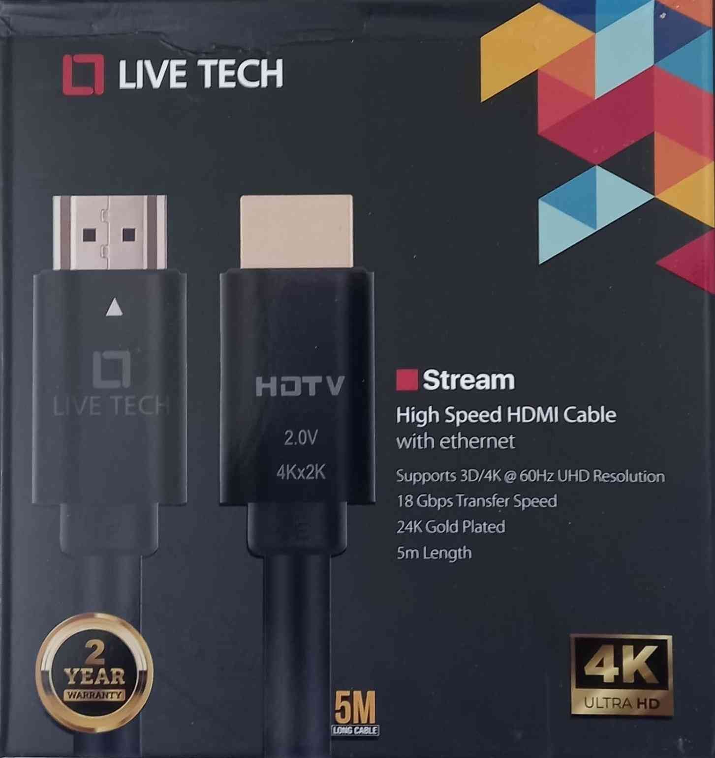 Cable Live Tech Stream HDMI to HDMI with Ethernet 4K 2.0V 5mtr | High Speed HDMI Cable with Ethernet - Supports 3D, 4K, 5 Meter (Black, PVC)